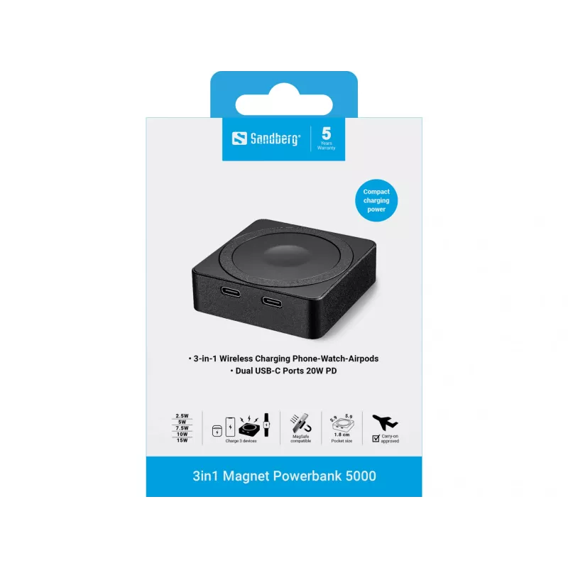 Bateria portátil Sandberg 3in1 Magnet Powerbank 5000, 5000 mAh