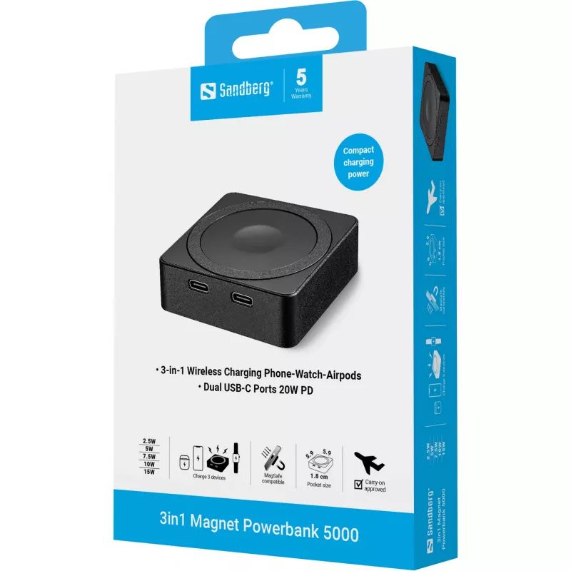 Bateria portátil Sandberg 3in1 Magnet Powerbank 5000, 5000 mAh