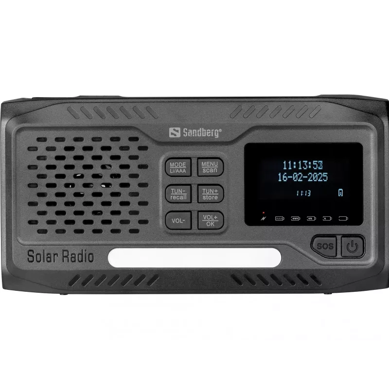 Rádio portátil SANDBERG Survivor DAB Radio All-in-1 4500 — DAB+/FM, 87,5–108 MHz, 3 W RMS, USB-A e USB-C, bateria de 4500 mAh
