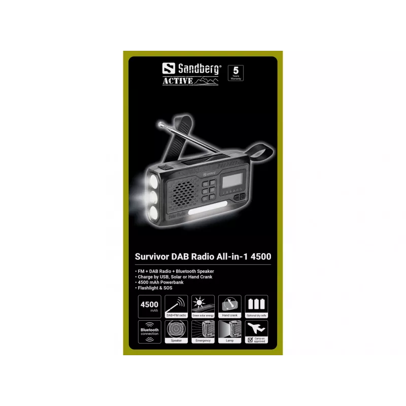 Rádio portátil SANDBERG Survivor DAB Radio All-in-1 4500 — DAB+/FM, 87,5–108 MHz, 3 W RMS, USB-A e USB-C, bateria de 4500 mAh