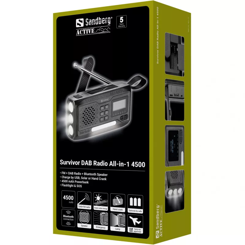 Rádio portátil SANDBERG Survivor DAB Radio All-in-1 4500 — DAB+/FM, 87,5–108 MHz, 3 W RMS, USB-A e USB-C, bateria de 4500 mAh