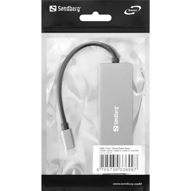 Sandberg USB-C 5in1 Travel Dock Saver com fios USB 3.2 Gen 1 100W