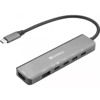 Hub de acoplamento SANDBERG USB-C 6-in-1 MediaDock — USB 3.2 Gen 1 Type-C 10 Gbit/s, 4K HDMI, PD até 100 W, 1×USB-A, 1×USB2.0, cinzento