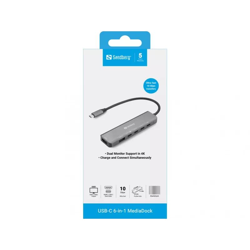 Sandberg 136-77 USB-C 6-in-1 MediaDock estação de acoplamento, HDMI + vídeo USB-C, duplo 4K@60Hz, USB-A/USB-C 10 Gbps, PD 100W, alumínio