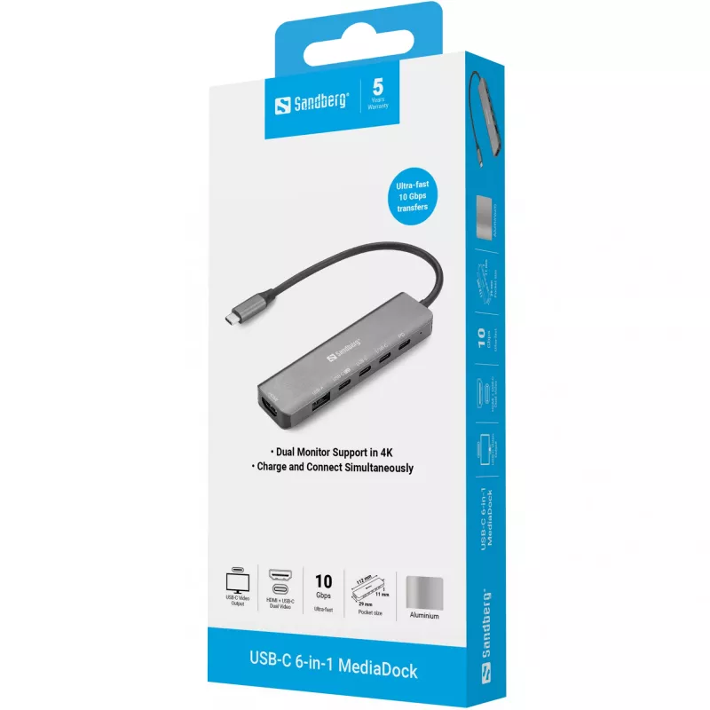 Sandberg 136-77 USB-C 6-in-1 MediaDock estação de acoplamento, HDMI + vídeo USB-C, duplo 4K@60Hz, USB-A/USB-C 10 Gbps, PD 100W, alumínio