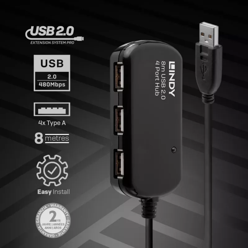 Extensão ativa USB 2.0 Pro Hub Lindy 8 m