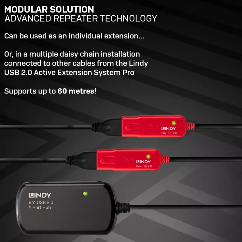 Extensão ativa USB 2.0 Pro Hub Lindy 8 m