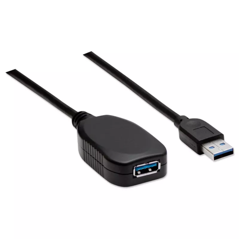 Cabo de extensão USB-A para USB-A Manhattan, 5 m, ficha macho para conector fêmea, ativo, 5 Gbit/s (USB 3.2 Gen1, também conhecido como USB 3.0), repetidor integrado, SuperSpeed USB, preto, três anos de garantia, equivalente a USB2AAEXT5M.