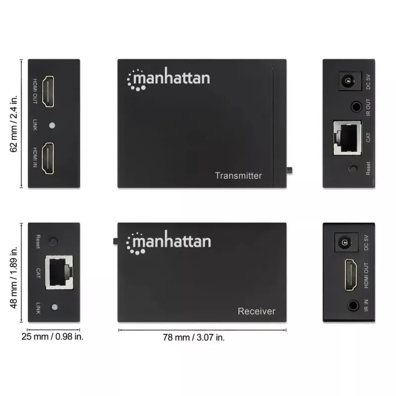 Kit extensor Manhattan HDMI 1080p sobre Ethernet, até 50 m com um cabo Cat6, módulos Tx e Rx, suporte IR, três anos de garantia