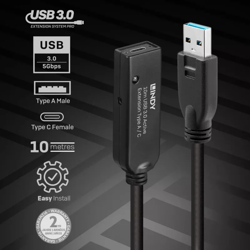 Extensão ativa USB 3.0 Lindy 10m Type A para C