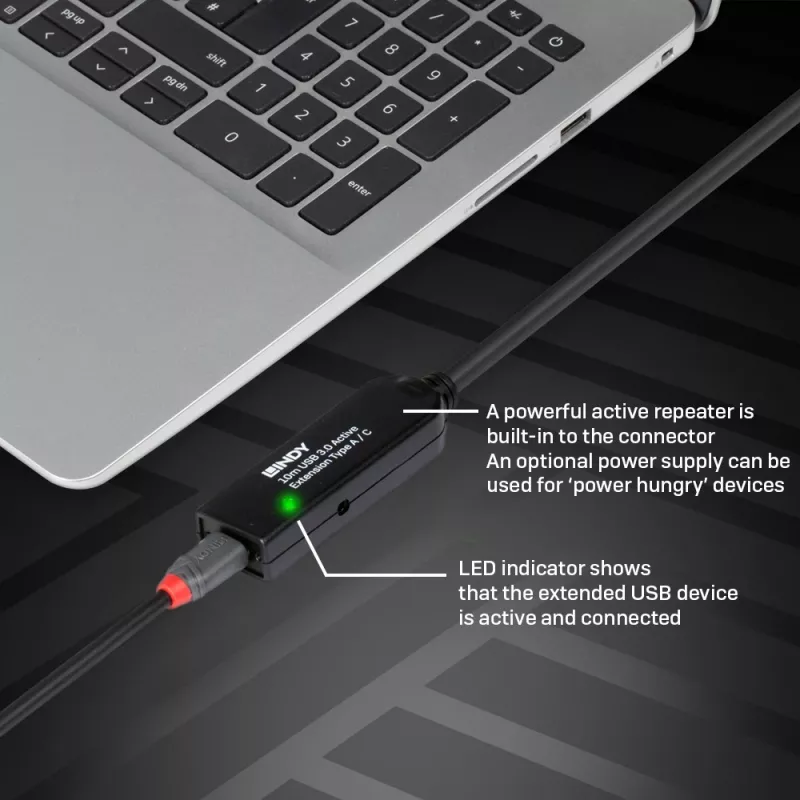Extensão ativa USB 3.0 Lindy 10m Type A para C