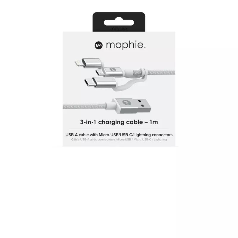 Cabo de carregamento e sincronização mophie – USB-A para Micro/USB-C/LTG – 1 m – branco