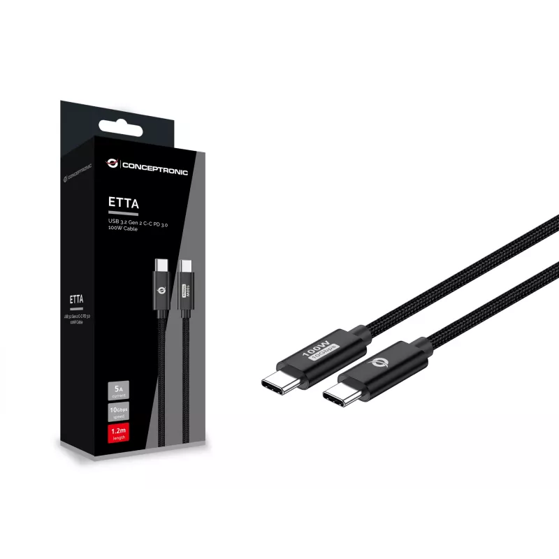 Cabo Conceptronic ETTA02B12 USB 3.2 Gen 2 C-C PD 3.0 100W 1,2 m, 20 V 5 A, 10 Gbit/s, E-Mark