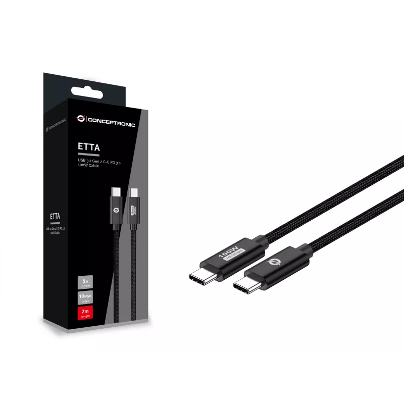 Cabo Conceptronic ETTA02B20 USB 3.2 Gen 2 C-C PD 3.0 100W 2M, 20V 5A, 10Gbps, E-Mark