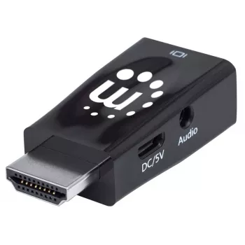 Conversor HDMI para VGA (com áudio) Manhattan, 1080p, macho para fêmea, entrada de alimentação Micro-USB para alimentação adicional quando necessário, preto, três anos de garantia