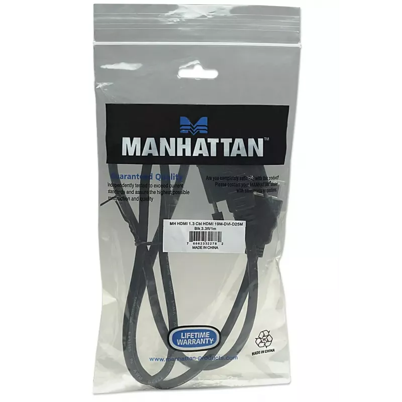 Cabo HDMI para DVI-D 24+1 Manhattan, 1 m, macho para macho, preto, Dual Link, compatível com DVD-D, garantia vitalícia, equivalente a HDDVIMM1M