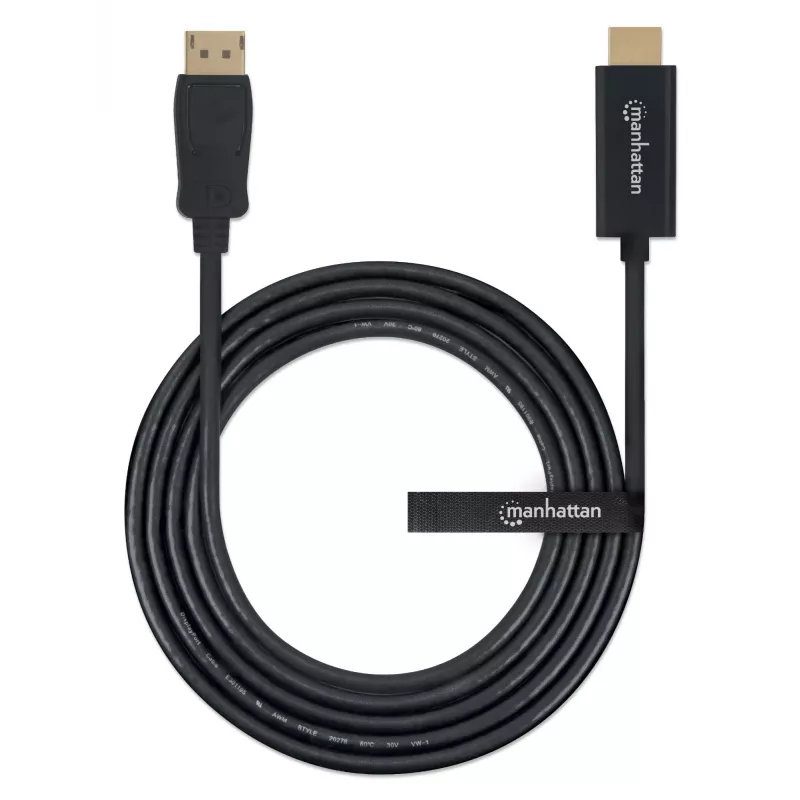 Cabo DisplayPort 1.1 para HDMI Manhattan, 1080p@60Hz, 1,8 m, macho para macho, DP com bloqueio, preto, não bidirecional, três anos de garantia