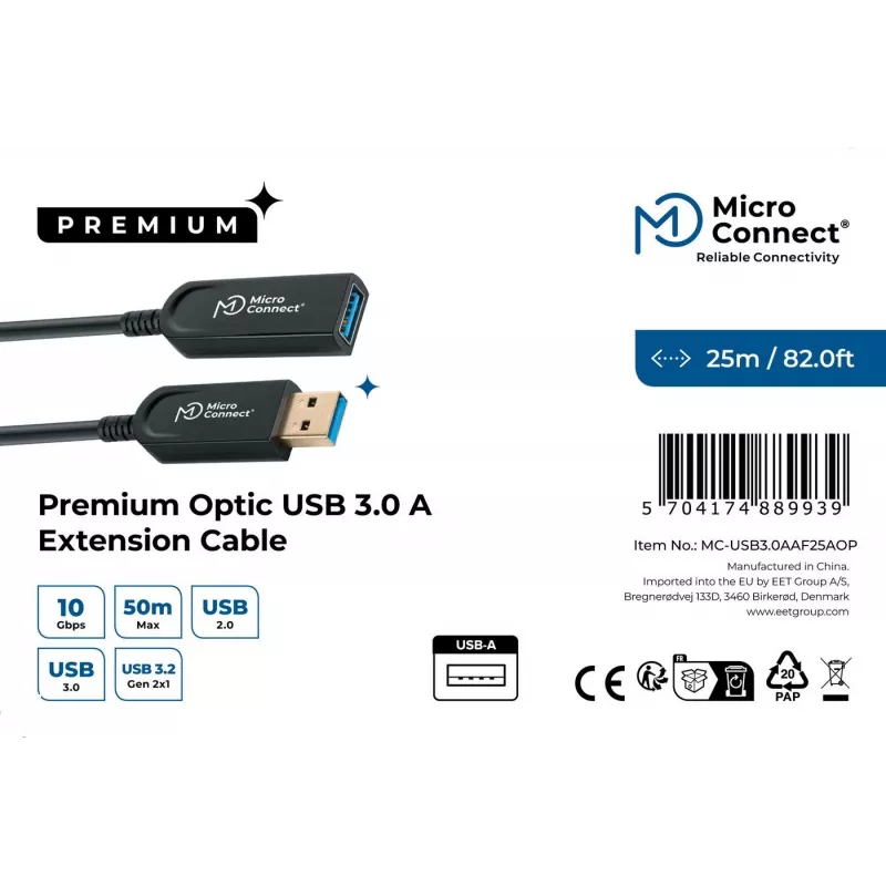 Microconnect MC-USB3.0AAF25AOP Cabo USB USB 3.2 Gen 2 (3.1 Gen 2) 25 m USB A preto