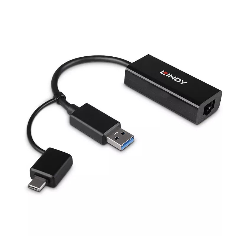 Conversor Ethernet Gigabit Lindy USB 3.2 Gen 1 com fios USB Ethernet 5000 Mbit/s preto
