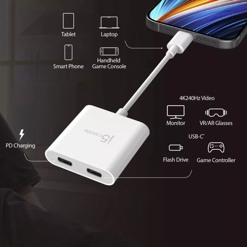 Adaptador USB-C para duplo USB-C j5create JCA164-N 3840x2160 240Hz