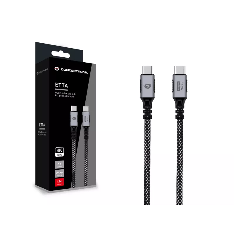 Cabo USB-C para USB-C CONCEPTRONIC ETTA07B12 – USB 3.2 Gen 2x2, 1,2 m, 20 Gbps, PD 3.0 100 W (20 V/5 A), 4K60Hz, preto, E-Mark