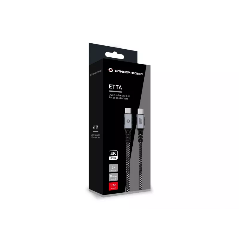 Cabo USB-C para USB-C CONCEPTRONIC ETTA07B12 – USB 3.2 Gen 2x2, 1,2 m, 20 Gbps, PD 3.0 100 W (20 V/5 A), 4K60Hz, preto, E-Mark