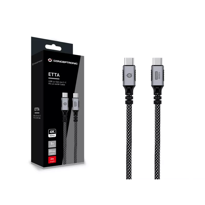Cabo USB-C para USB-C CONCEPTRONIC ETTA07B20 — USB 3.2 Gen 2x2, 2 m, 20 Gbps, PD 3.0 100W (20V 5A), 4K@60Hz, E-mark