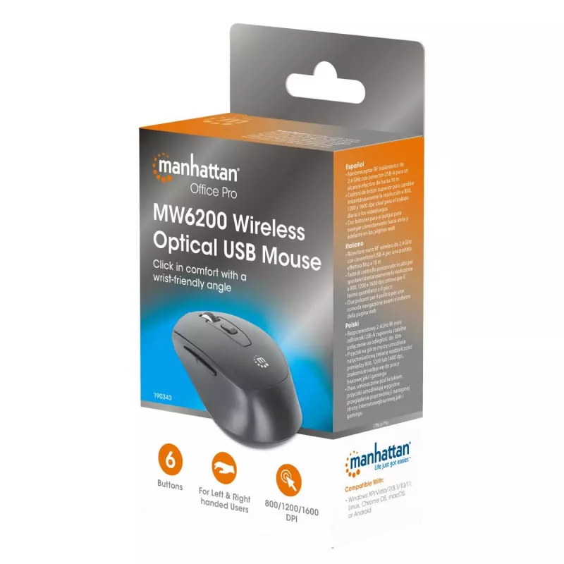 Manhattan MW6200 rato sem fios, recetor nano USB-A, preto