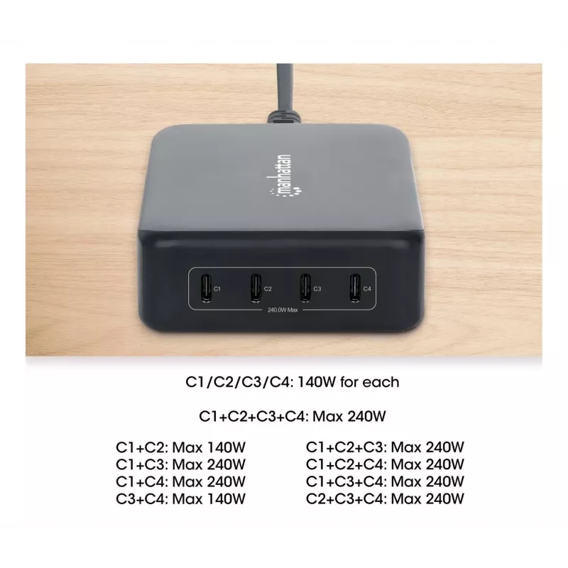 Manhattan 102667 estação de carregamento GaN USB Power Delivery de 4 portas, 240 W