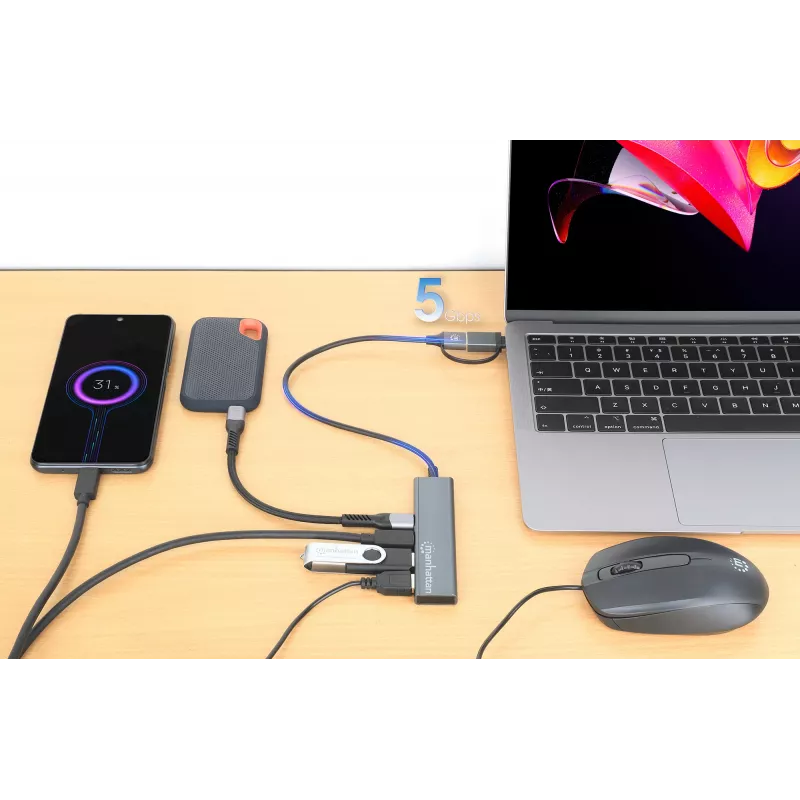 Dock/Hub combo USB-C e USB-A Manhattan 4 portas 5 Gbps alumínio