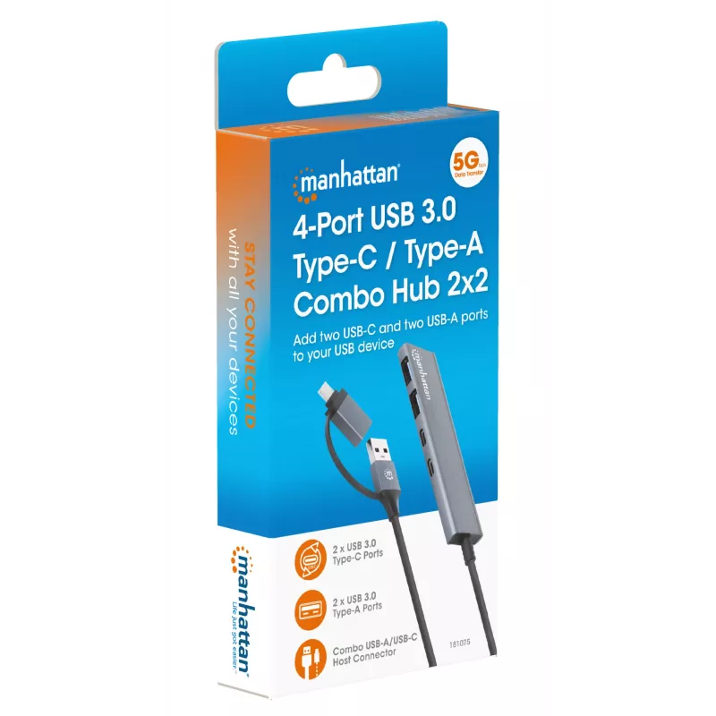 Dock/Hub combo USB-C e USB-A Manhattan 4 portas 5 Gbps alumínio