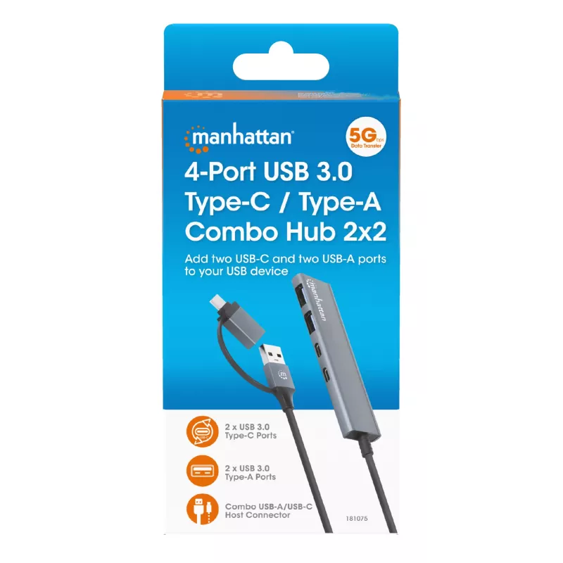 Dock/Hub combo USB-C e USB-A Manhattan 4 portas 5 Gbps alumínio
