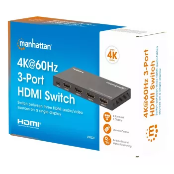 Comutador HDMI 3x1 MANHATTAN 18G Automático Manual com telecomando IR Preto