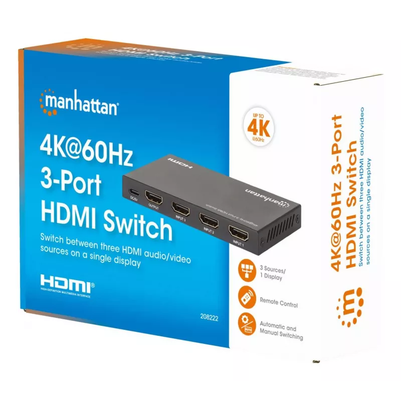 Comutador HDMI 3x1 MANHATTAN 18G Automático Manual com telecomando IR Preto