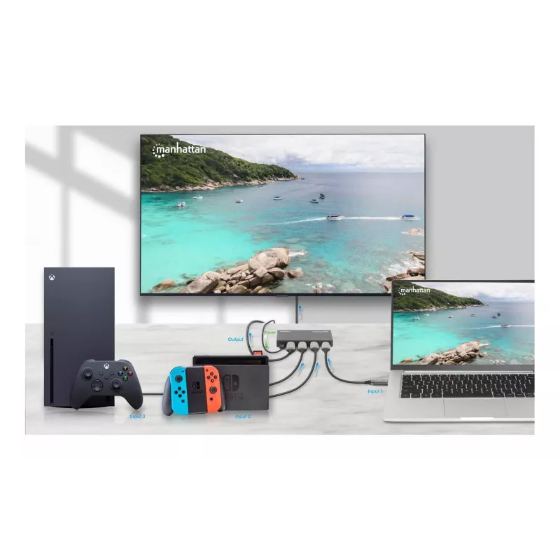 Comutador HDMI 3x1 MANHATTAN 18G Automático Manual com telecomando IR Preto
