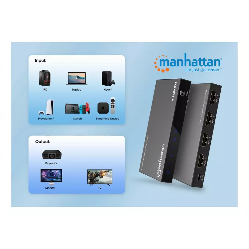 Comutador HDMI 3x1 MANHATTAN 18G Automático Manual com telecomando IR Preto