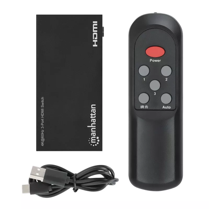 Comutador HDMI 3x1 MANHATTAN 18G Automático Manual com telecomando IR Preto