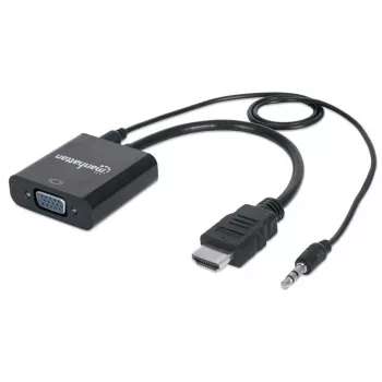Cabo conversor HDMI para VGA Manhattan (com áudio), 1080p, 30 cm, macho para fêmea, entrada de alimentação Micro-USB para alimentação adicional quando necessário, preto, três anos de garantia