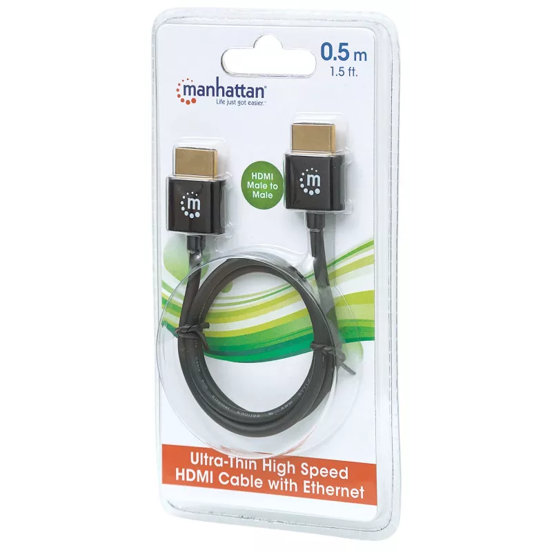 Cabo Manhattan HDMI com Ethernet (Ultra Thin), 4K@60Hz (Premium High Speed), 0,5 m, macho para macho, preto, Ultra HD 4k x 2k, totalmente blindado, contactos dourados, garantia vitalícia