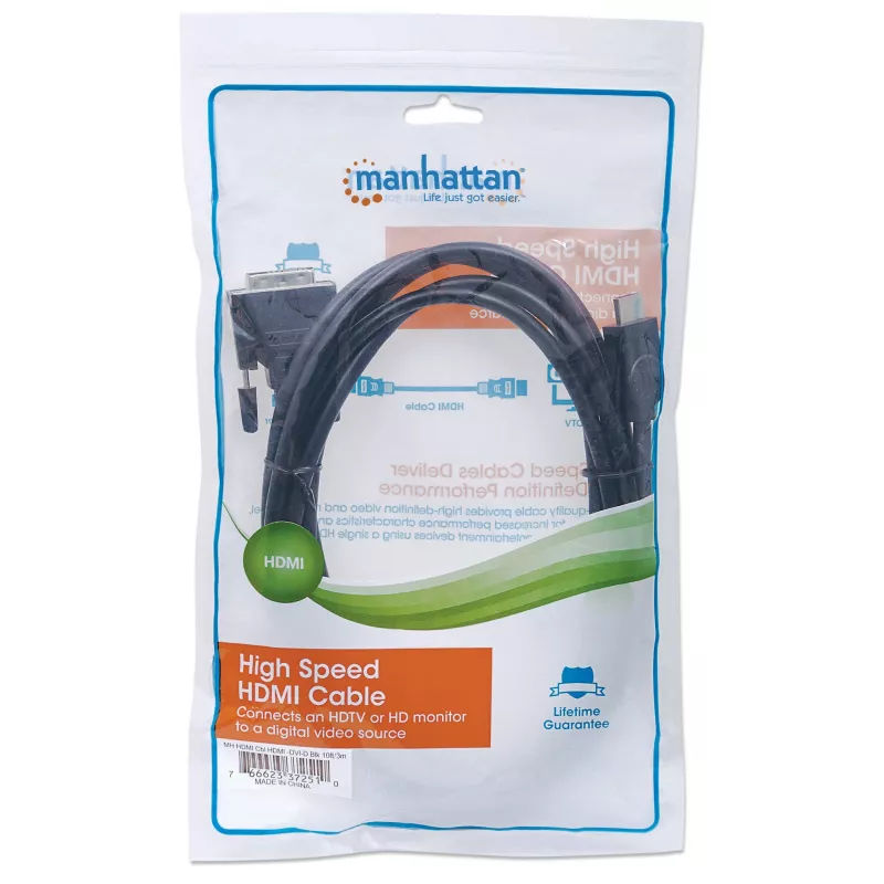 Cabo Manhattan HDMI para DVI-D 24+1, 3m, macho para macho, preto, Dual Link, compatível com DVD-D, garantia vitalícia, equivalente a HDDVIMM3M