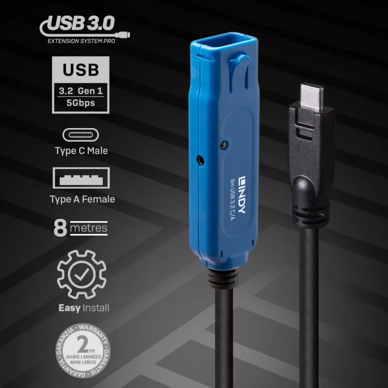 Cabo USB Lindy 43381 USB 3.2 Gen 1 (3.1 Gen 1) 8 m USB C USB A preto, azul