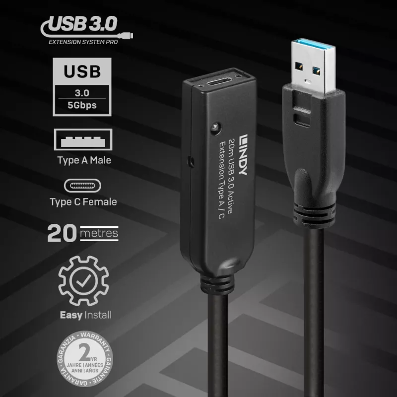 Extensão ativa USB 3.0 Lindy 20 m Type A para C