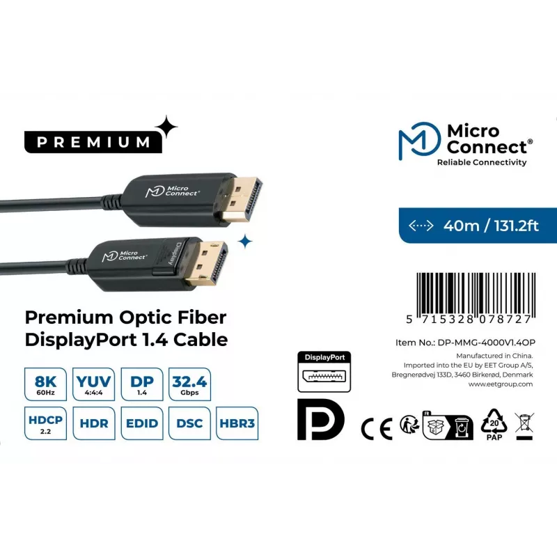 Cabo DisplayPort MicroConnect DP-MMG-4000V1.4OP — DisplayPort 1.4, suporta até 8K@60Hz