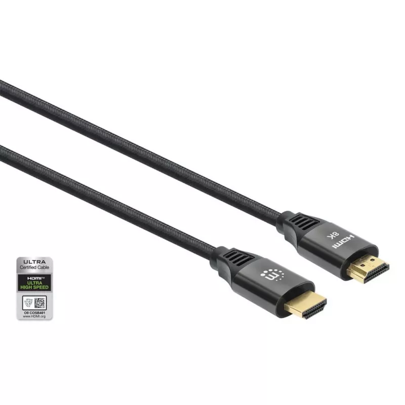 Cabo HDMI com Ethernet Manhattan 8K@60Hz 2 m entrançado ficha macho para ficha macho preto