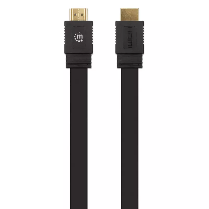 Cabo HDMI com Ethernet Manhattan (plano), 4K@60Hz (Premium High Speed), 10 m, ficha macho para ficha macho, preto, Ultra HD 4K x 2K, totalmente blindado, contactos dourados, garantia vitalícia