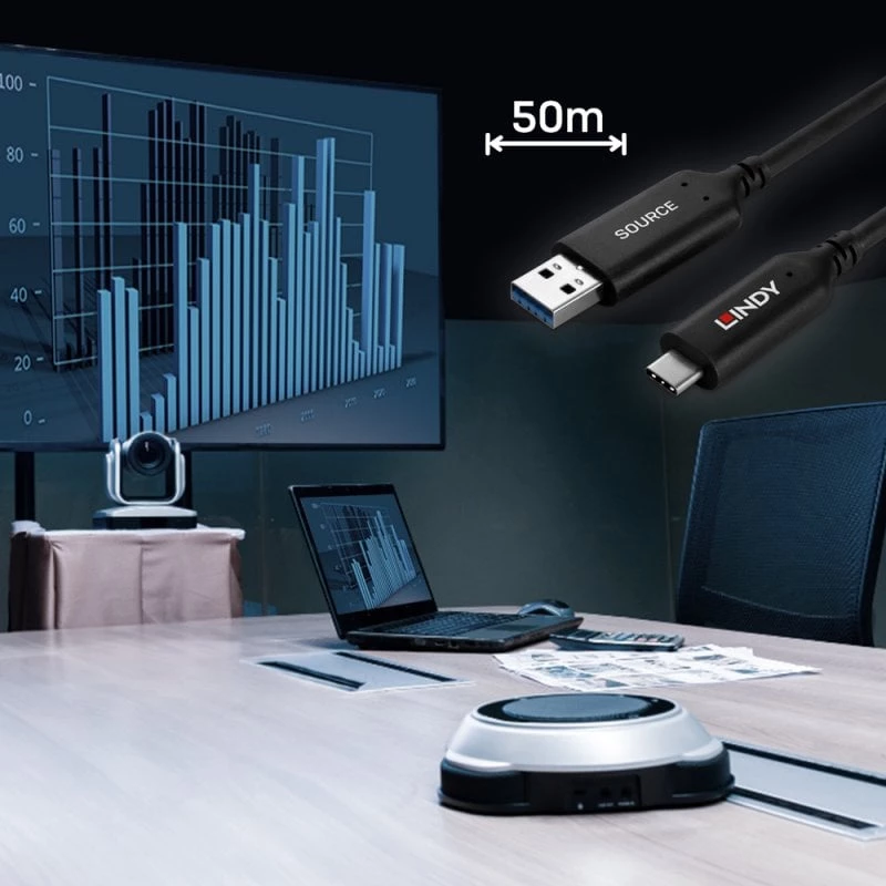 Cabo híbrido de fibra ótica Lindy 50m USB 3.2 Gen 1 Type-A para C