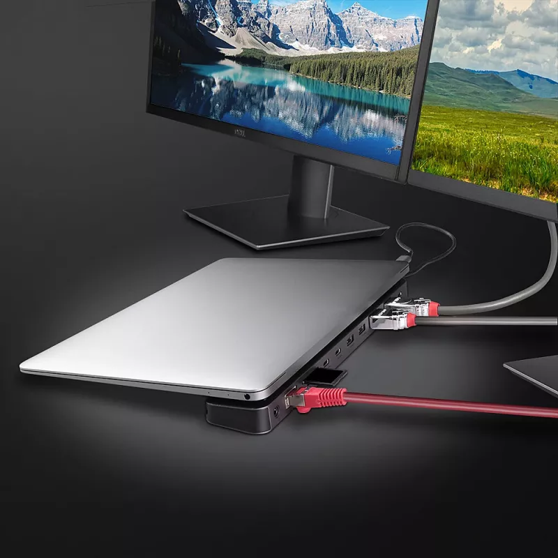Lindy DST-Mini XT 810, docking station mini para portátil USB-C com ecrã único (8K) ou ecrã duplo (4K60) e carregamento pass-through de 100W