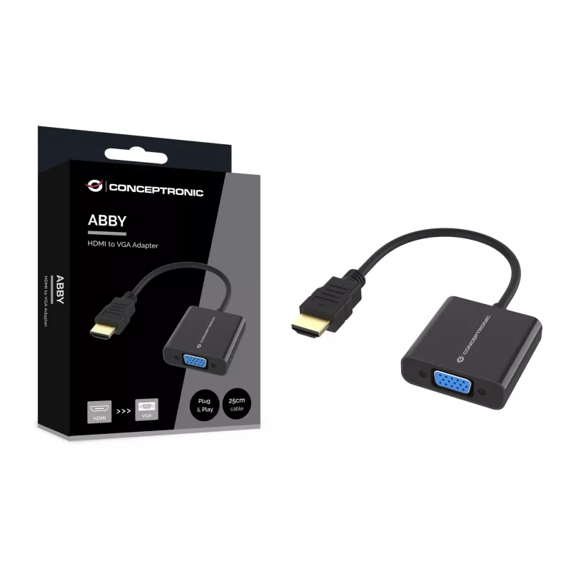 Adaptador Conceptronic ABBY20B HDMI para VGA, 0,25 m, HDMI tipo A (Standard), VGA (D-Sub), macho, fêmea, reto