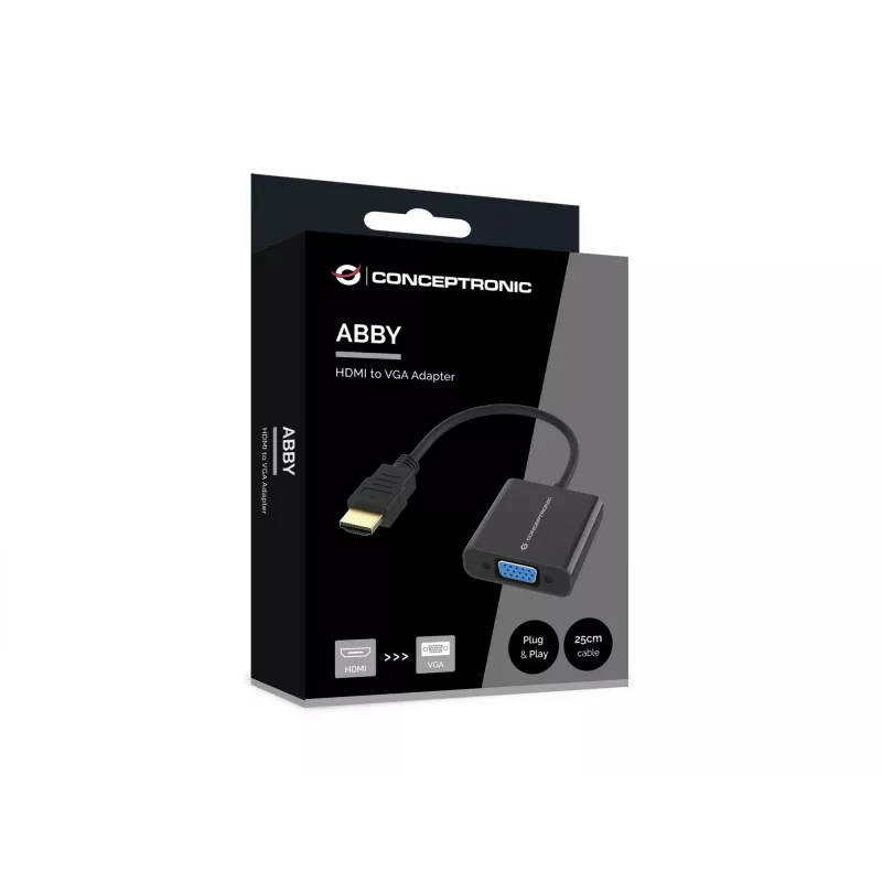 Adaptador Conceptronic ABBY20B HDMI para VGA, 0,25 m, HDMI tipo A (Standard), VGA (D-Sub), macho, fêmea, reto