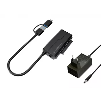 Adaptador SATA USB 3.0 Conceptronic ABBY21B com fonte de alimentação, 2,5 polegadas/3,5 polegadas SATA HDD/SSD, cabo USB-C/A 2 em 1